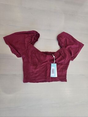 NWT Shorebrand Women's Burgundy Puff-Sleeve Crop Top Sz M $128 Rayon